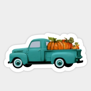 Aqua Vintage Pickup Truck Hauling Pumpkins Sticker